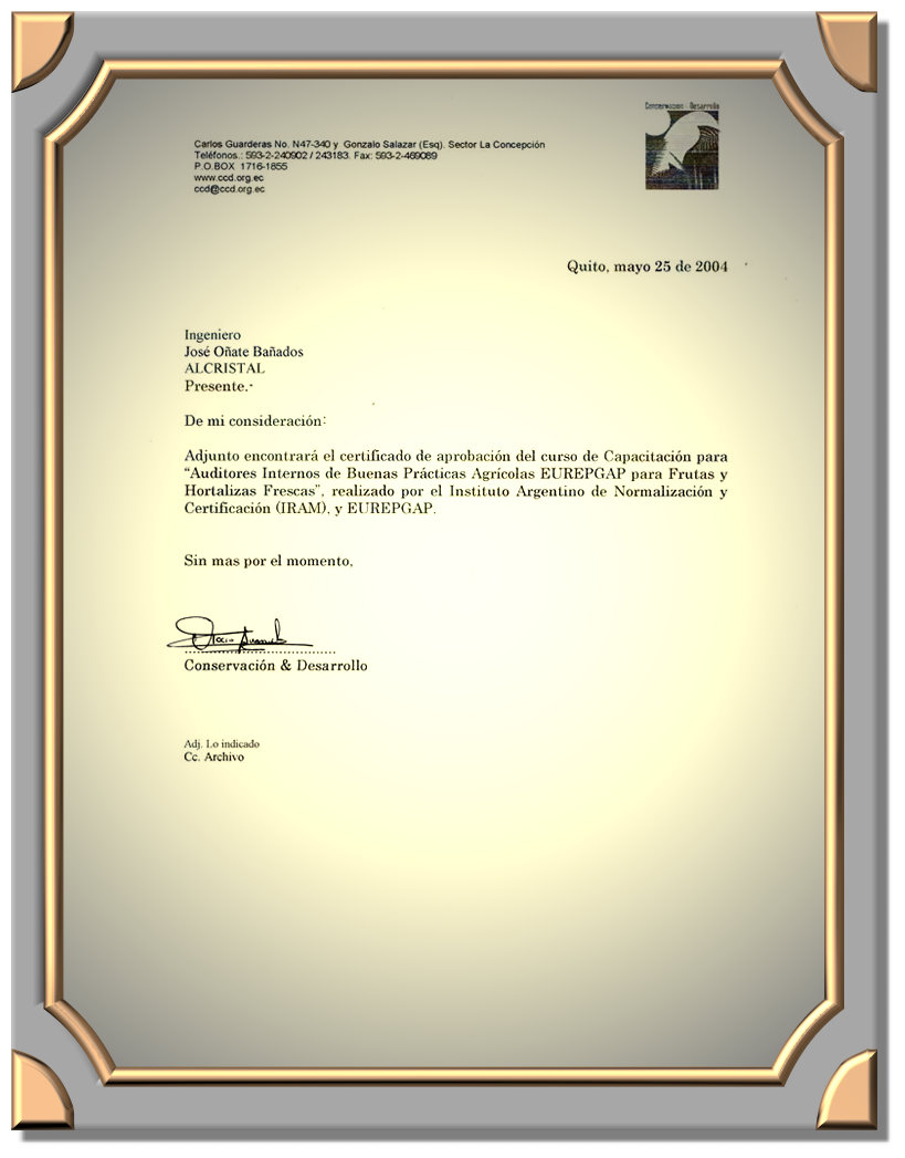 Ing. Com. Jose Armando Oñate Bañados,Carta Certificado auditor interno EUREPGAP